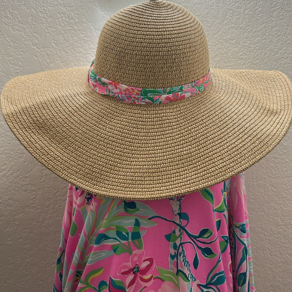 Lilly Pulitzer Tan Straw Sun Hat with Pink & Green Floral Trim
